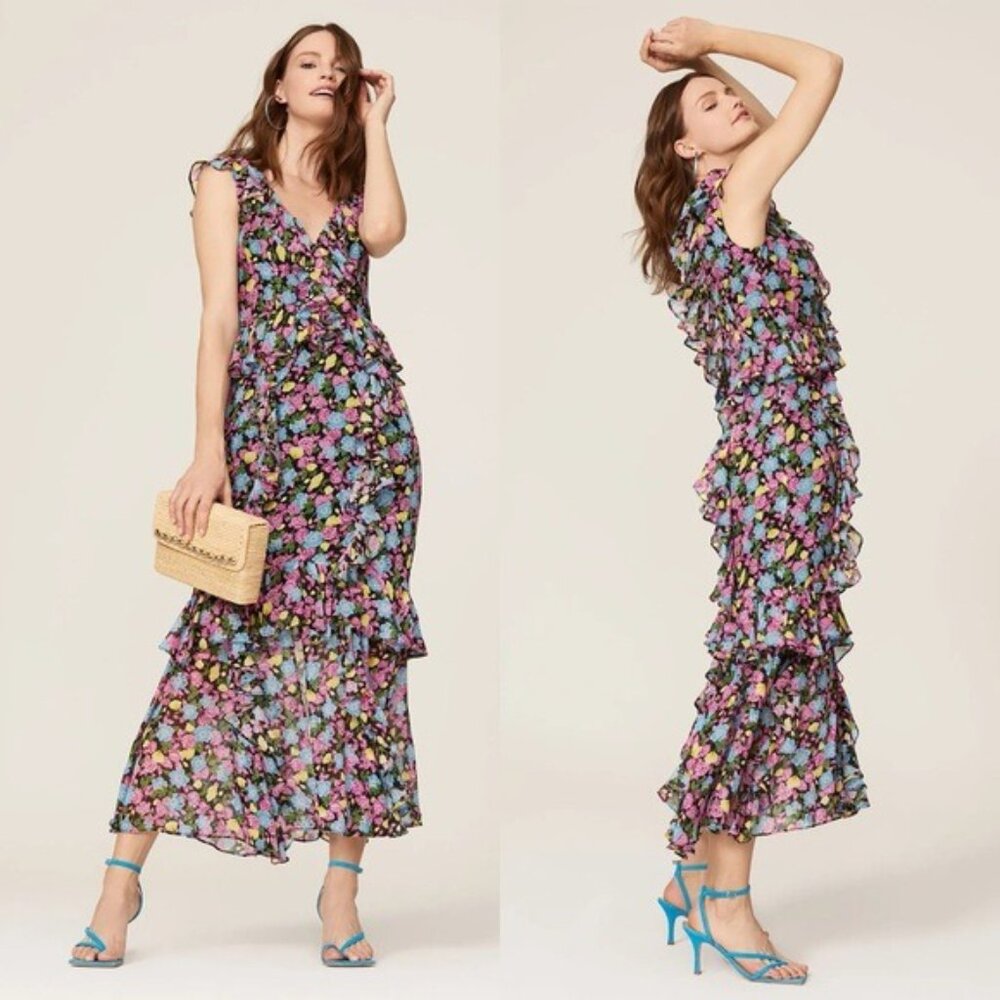 AMUR Evita Silk Floral Ruffle Midi Dress 8 Sleeveless Vneck Slit Chiffon